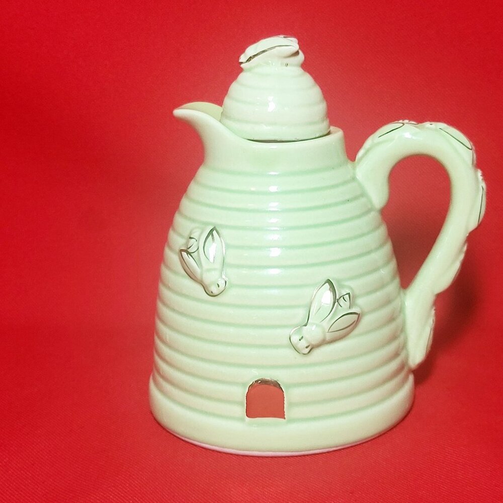Vintage Green Beehive Honey Pot Ceramic with Lid